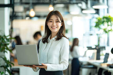 Smiling Japanese businesswoman standing in an office, holding her laptop. She is wearing casual clothes, and other people working behind her are blurred.,generated ai.