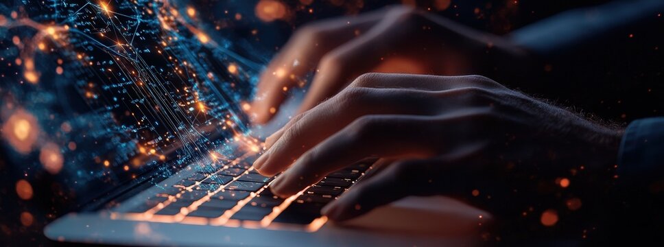 IT professional analyzing algorithms in data facility background server racks digital technology network optimization concept banner