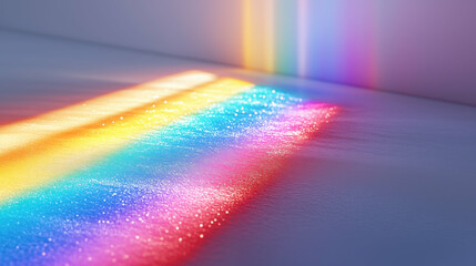 Obraz premium Rainbow light spectrum reflecting on glittery surface indoors. Concept of optical refraction and color dispersion