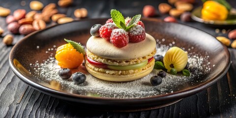 Gourmet Macaron Dessert Close-up of a delectable macaron with raspberry and blueberry toppings on a dark rustic plate, with powdered sugar and a mint garnish
