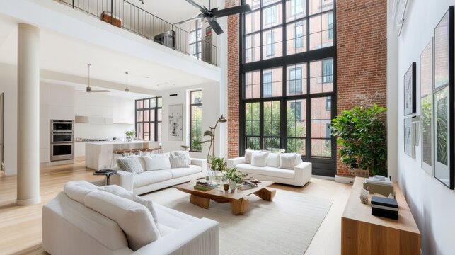 Urban loft-style living room with high ceilings, exposed ductwork, and a mix of modern and industrial decor