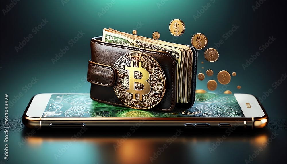 Poster a digital wallet with bitcoin rests on a smartphone, symbolizing the intersection of technology and 