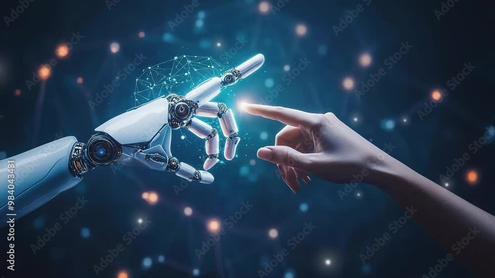 Poster abstract human and robot hands touching. futuristic technology concept for artificial intelligence. 