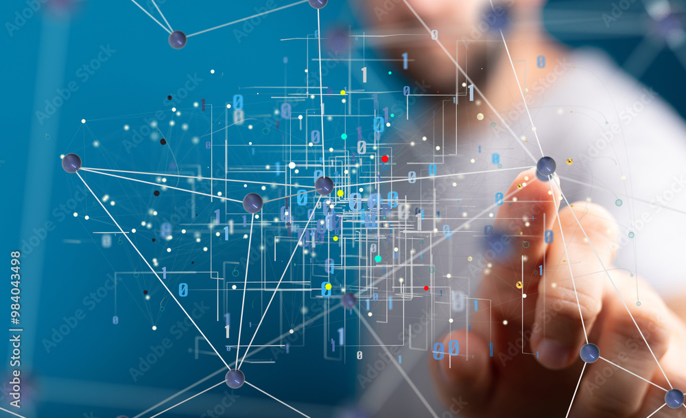 Poster neural network 3d illustration. big data and cybersecurity