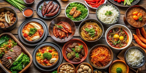 Inviting Flat Lay of Rustic Table Spread Featuring Circular Arrangement of Diverse Dishes, Highlighting Colorful Roasted Vegetables, Fluffy Rice, Savory Stews, and Carrots on a