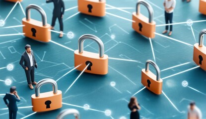 Flat illustration of people standing in front of and behind padlocks with digital connections
