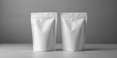 Minimalist Composition of Two Symmetrically Arranged Glossy White Stand-Up Pouches on Light Gray Surface, Featuring Subtle Textures, Curved Bottoms, and Soft Shadows Against