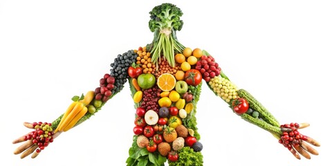 Fototapeta premium Playful Human Figure Crafted from Vibrant Fruits and Vegetables on White Background, Emphasizing Healthy Living and Balanced Diet through Creative and Whimsical Composition