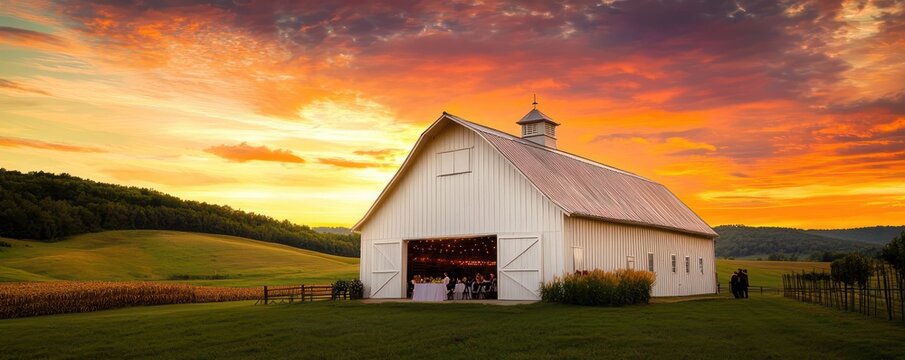 A rustic off-white painted barn set against a backdrop of rolling hills and a vibrant sunset, with a wedding reception just beginning inside
