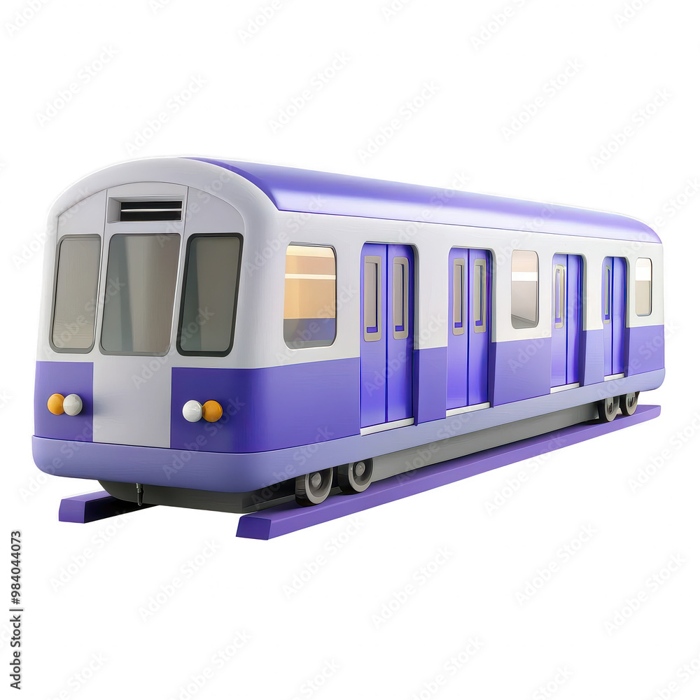 Fototapete Image showing a 3D rendering of a modern purple and white subway train. ​​The design of the subway train includes clear lines and several windows.
