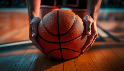 Extreme close-up of the hands of a basketball player holding an orange and black basketball ball on the wooden parquet of a basketball court. Generative Ai.