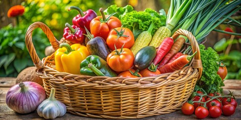 Rustic Still Life of Wicker Basket Overflowing with Vibrant Fresh Produce Juicy Red Tomatoes, Colorful Bell Peppers, Dark Eggplant, Crisp Carrots, Green Zucchini, Lush Scallions