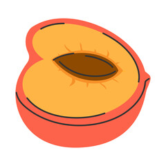 Hand drawn peach half with visible seed in vibrant colors. Ideal for food, summer, or health designs