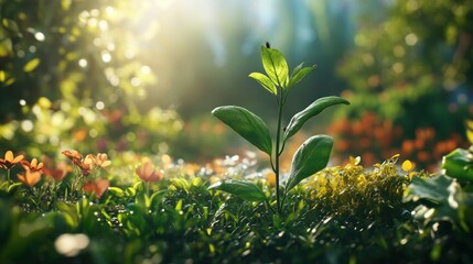 A plant protected by natural insect-repelling solutions, standing tall in the midst of a flourishing garden.