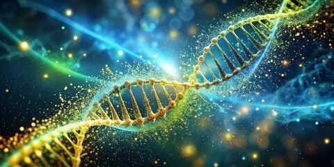Shimmering Golden-Yellow DNA Double Helix Against Ethereal Dark Blue Background, Surrounded by Cosmic Particles and Blurry Lights, Evoking Mystery and the Essence of Life's