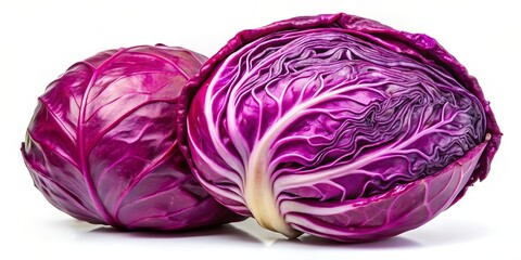 Fototapeta premium Stunning Composition of Two Red Cabbages on White Background Whole Cabbage in Foreground, Partially Opened Cabbage Revealing Inner Layers, Showcasing Vibrant Colors and Organic