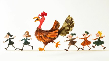 A turkey being chased by cartoon pilgrims during the Turkey Trot