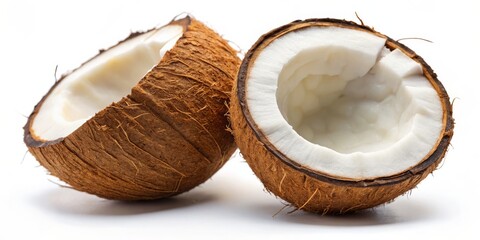 Symmetrical Composition of Fresh Coconuts One Half Lying on its Side, One Upright, Showcasing Rough Brown Shells and Smooth White Flesh, Set Against a Bright White Background