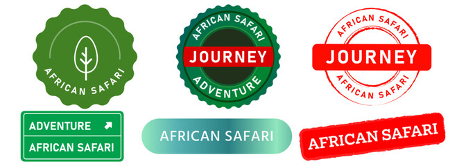 African Safari tourism destination wildlife journey stamp red green badge sticker sign design set collection
