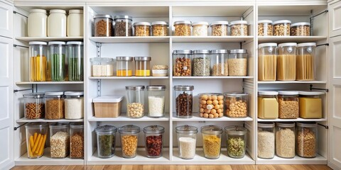 Symmetrical White Pantry Cabinet Showcasing Colorful Glass Jars Filled with Grains, Nuts, Dried Fruits, and Pasta A Well-Organized Culinary Abundance for Cooking and Baking