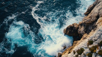 Fototapeta premium Aerial view of powerful sea waves crashing against rugged rocky cliffs on the coast of Montenegro creating dramatic contrasts