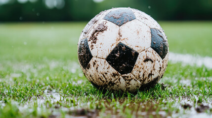 A muddy soccer ball lying on field after rainstorm, surrounded by wet grass, captures essence of outdoor play and joy of game