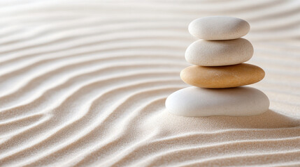 A peaceful zen garden featuring stack of smooth stones on textured sand surface, creating serene and calming atmosphere