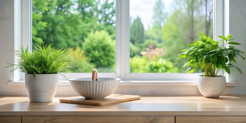 Fototapeta premium Tranquil Windowsill Composition Close-Up of Lush Green Potted Plants in White Pots, White Bowl on a Light Wood Cutting Board, with Soft Warm Light and Blurred Forest View Beyond