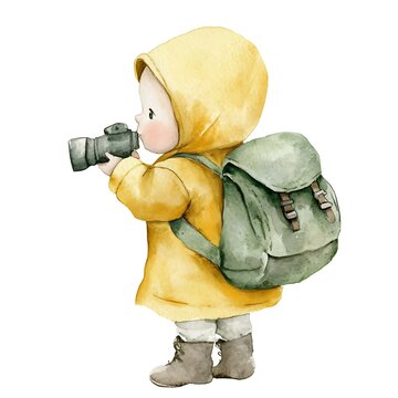 recommend clip art: Little photographer with backpack and yellow raincoat taking a picture.
