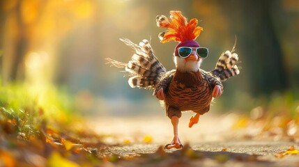 A turkey dressed as a professional runner, complete with a headband and tiny sunglasses