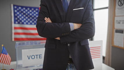 Hispanic man with arms crossed stands confidently in a us voting center, displaying democracy and...