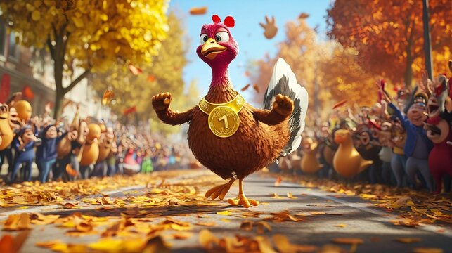 A victorious turkey crossing the finish line of a Turkey Trot race