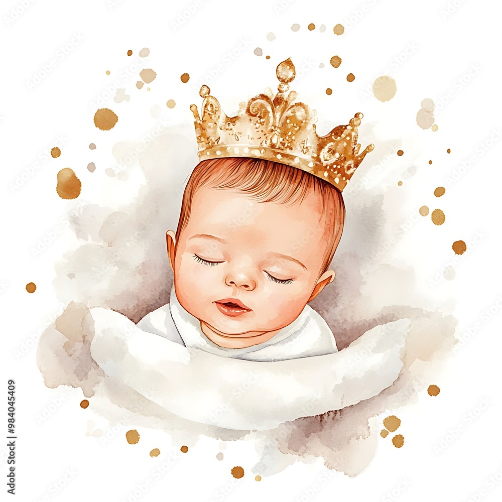 Canvas Prints Watercolor Illustration of a Sleeping Baby with a Golden Crown.