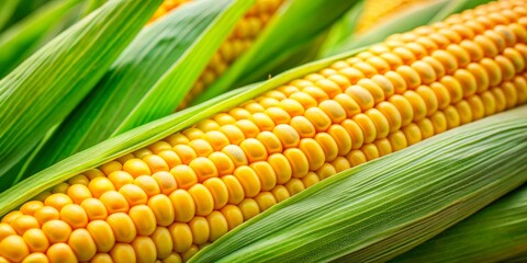 Vibrant Close-Up of Plump Yellow Corn Cob Framed by Verdant Green Husks, Showcasing Texture and Depth in a Well-Lit Composition Evoking Abundance and Freshness