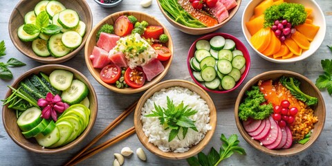 Fototapeta premium Vibrant Close-Up of Symmetrically Arranged Colorful Wooden Food Bowls with Healthy Ingredients on Textured Grey Table, Featuring Rice, Salmon, Vegetables, and Rustic Accents