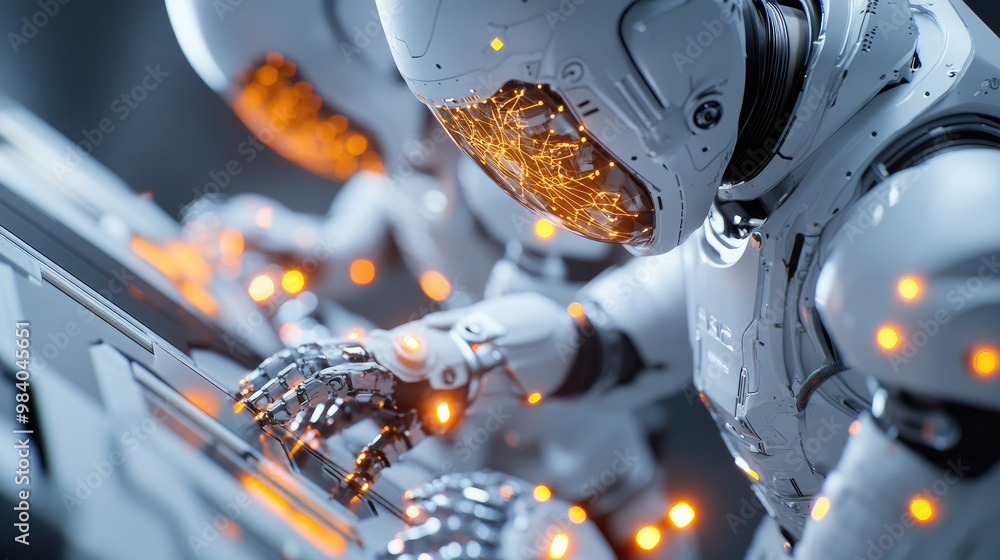 Poster innovative small repair robots are diligently working on advanced technology, showcasing intricate d