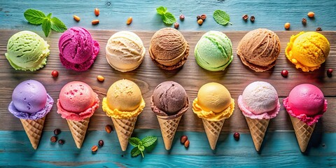 Obraz premium Vibrant Ice Cream Delight Close-Up of 10 Colorful Scoops in Two Symmetrical Rows on Wooden Background, Featuring Waffle Cones, Fresh Mint, Coffee Beans, and Citrus Accents for