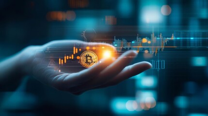 Futuristic trader holding glowing Bitcoin with digital charts in the background, emphasizing long-term strategy and investment, Bitcoin, cryptocurrency stability