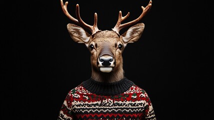 reindeer in an xmas sweater on plain black background