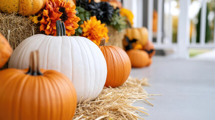 Autumn themed display featuring pumpkins, hay bales, and vibrant flowers creates warm and inviting atmosphere. Perfect for seasonal decor and celebrations