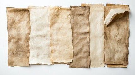 Collection of vintage parchment papers isolated against a pure white background with rich texture and old-world charm