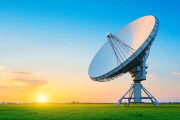 Large radio telescope in open field at dusk with sunset background
