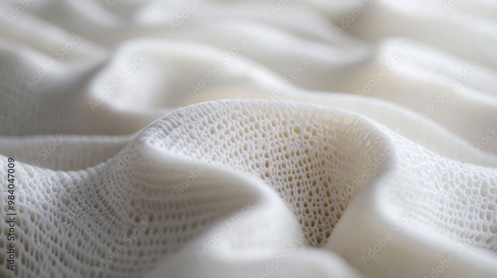 Poster a close-up view of soft, white fabric with a delicate, textured pattern, creating gentle waves and f