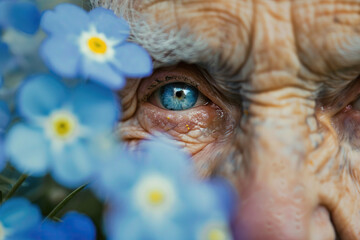 close up of an old person with blue eyes and a forget-me-not flower