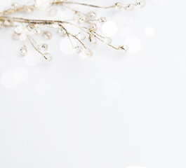 Gold branches on white background. Christmas and New Year theme