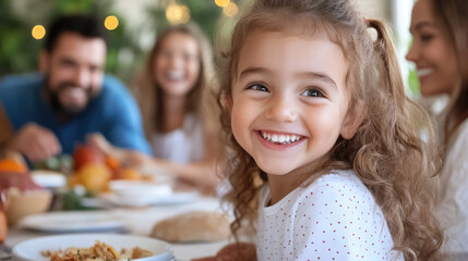 Family enjoying Thanksgiving meal together, featuring smiling girl with curly hair. atmosphere is warm and joyful, capturing essence of togetherness and celebration