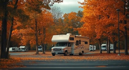 A photograph of an RV parked in a park during the fall season