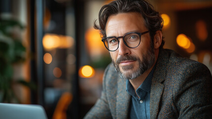 Fototapeta premium Businessman working on laptop in cafe.