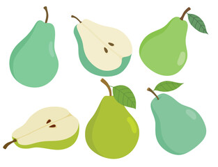 Pear fruit vector set cute cartoon style. isolated on white background.