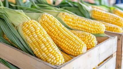 Freshly harvested corn piled high in a wooden crate at a farmers market, with husks partially peeled and exposed kernels